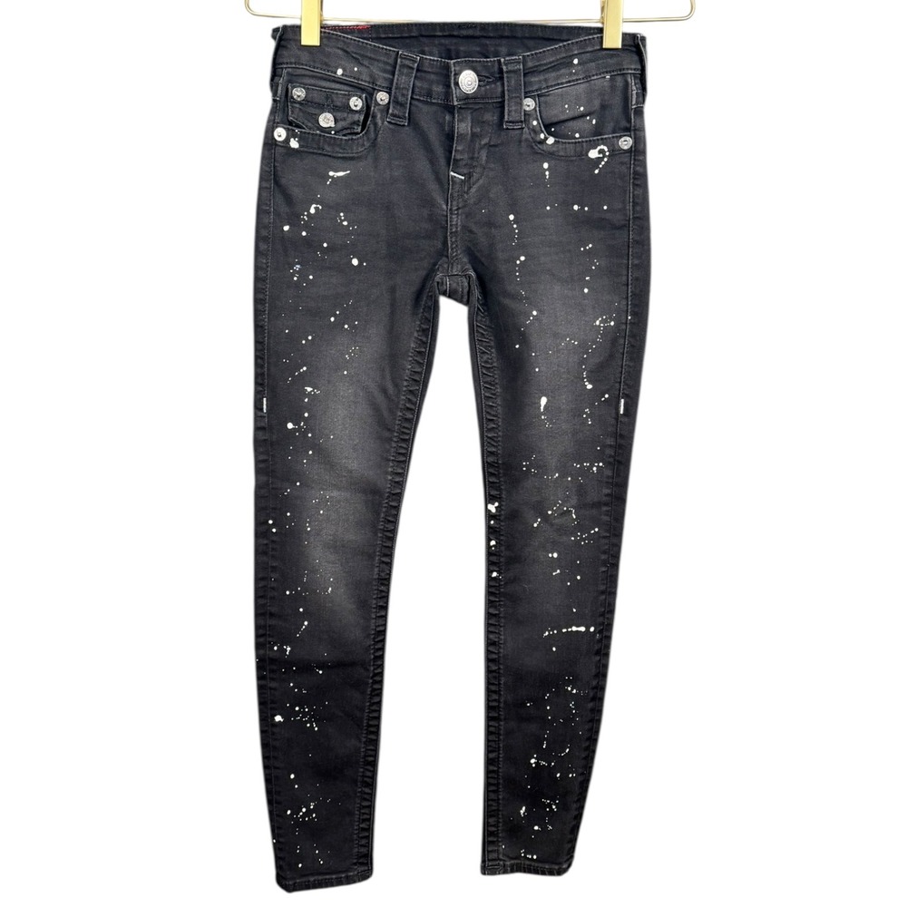 True Religion Super Skinny Black Paint Splatter Jeans Low Rise Size 26 121
